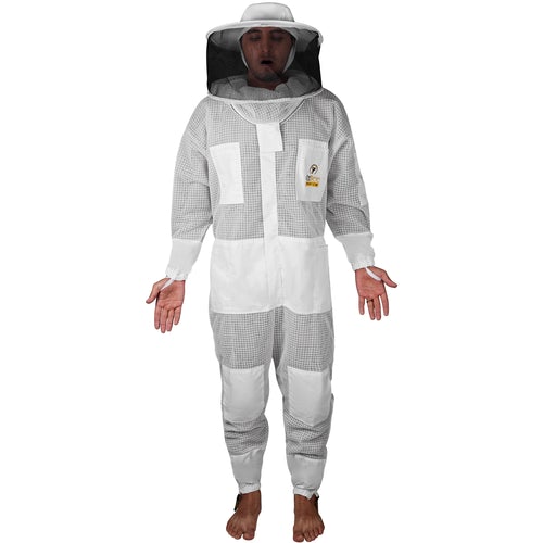 OZBee Premium Full Suit featuring 3-layer mesh design, round head detachable veil, and durable construction for beekeeping protection.