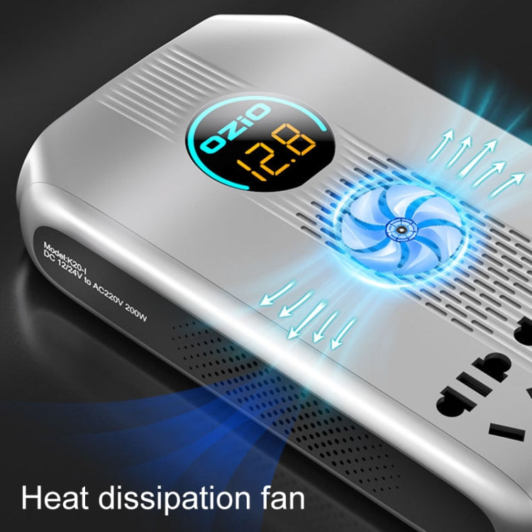 Ozio K30-S 12V 300W Smart Car LED Digital Display Power Inverter with multiple ports and LED screen.