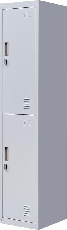 Padlock-operated 2-Door Vertical Locker in grey, showcasing its sturdy steel construction and ventilation features.