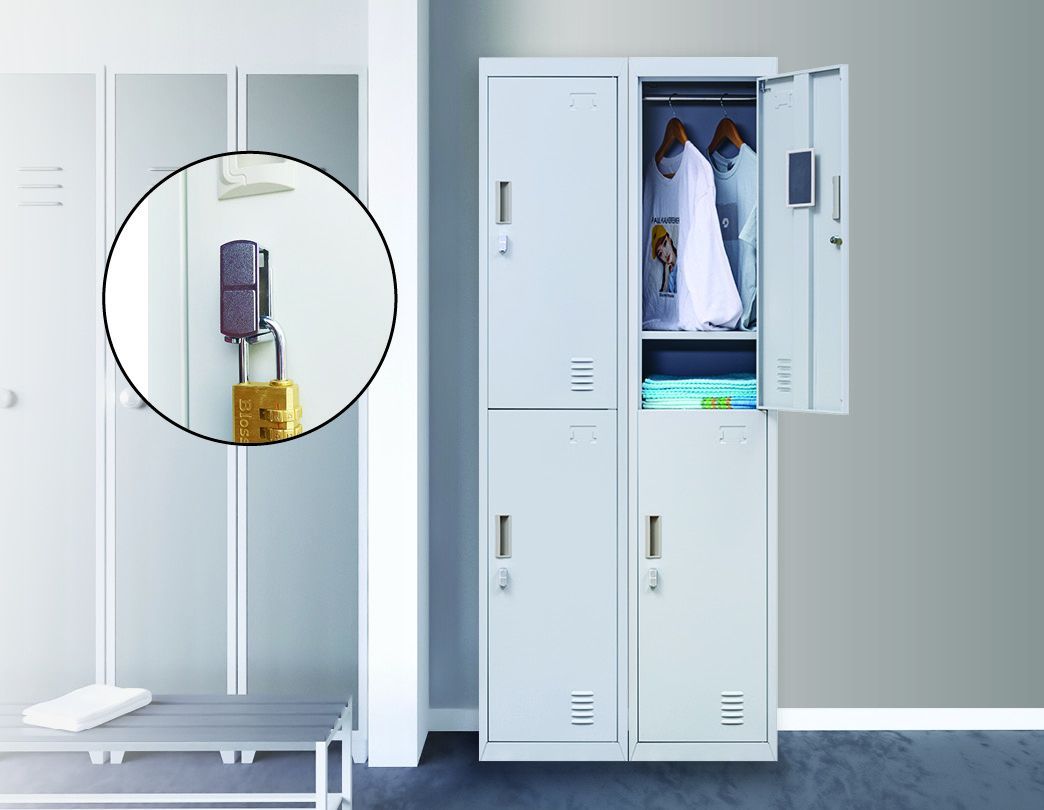 Padlock-operated 2-Door Vertical Locker in grey, showcasing its sturdy steel construction and ventilation features.