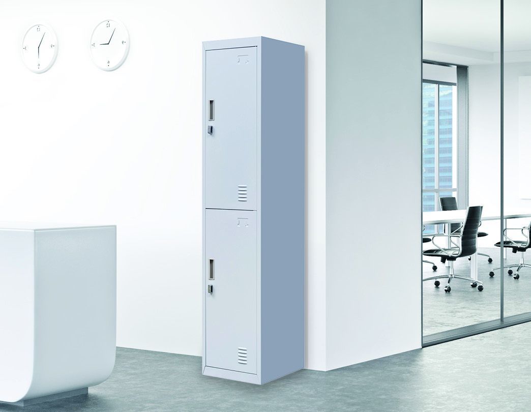 Padlock-operated 2-Door Vertical Locker in grey, showcasing its sturdy steel construction and ventilation features.