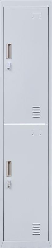 Padlock-operated 2-Door Vertical Locker in grey, showcasing its sturdy steel construction and ventilation features.