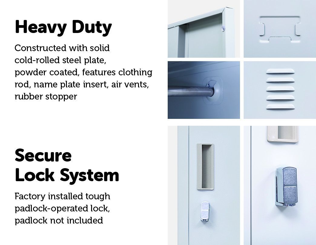 Padlock-operated 2-Door Vertical Locker in grey, showcasing its sturdy steel construction and ventilation features.