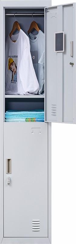 Padlock-operated 2-Door Vertical Locker in grey, showcasing its sturdy steel construction and ventilation features.