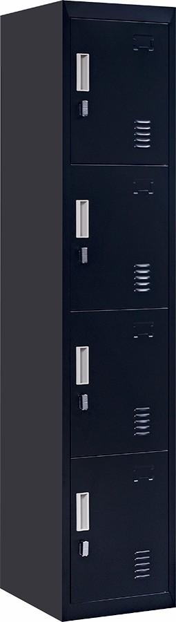 Black 4-Door Locker with padlock-operated lock, featuring four vertically-stacked compartments and built-in air vents for ventilation.