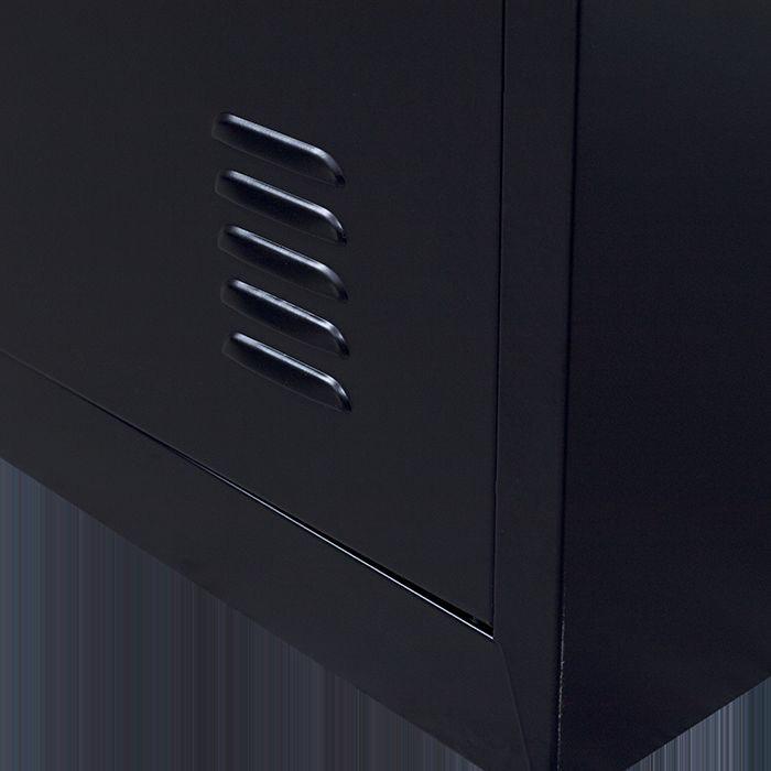 Black 4-Door Locker with padlock-operated lock, featuring four vertically-stacked compartments and built-in air vents for ventilation.