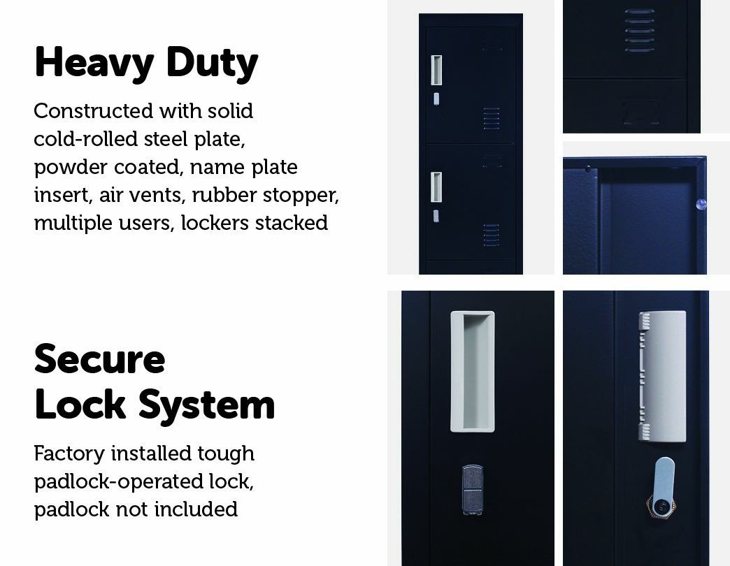 Black 4-Door Locker with padlock-operated lock, featuring four vertically-stacked compartments and built-in air vents for ventilation.