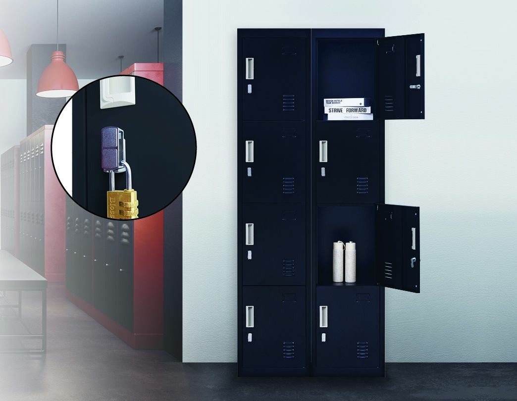 Black 4-Door Locker with padlock-operated lock, featuring four vertically-stacked compartments and built-in air vents for ventilation.