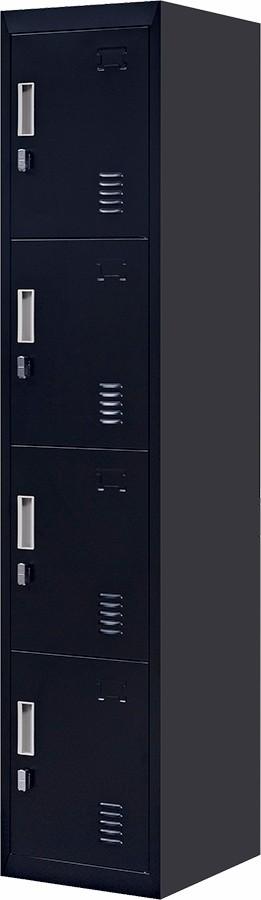 Black 4-Door Locker with padlock-operated lock, featuring four vertically-stacked compartments and built-in air vents for ventilation.