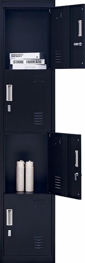 Black 4-Door Locker with padlock-operated lock, featuring four vertically-stacked compartments and built-in air vents for ventilation.