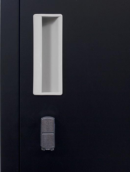 Black 4-Door Locker with padlock-operated lock, featuring four vertically-stacked compartments and built-in air vents for ventilation.