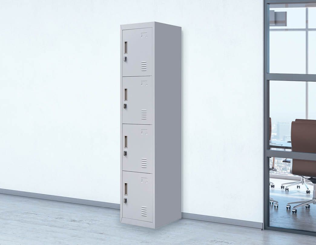 4-Door Storage Locker in grey with padlock-operated locks, showcasing four compartments and built-in air vents.