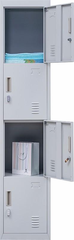 4-Door Storage Locker in grey with padlock-operated locks, showcasing four compartments and built-in air vents.