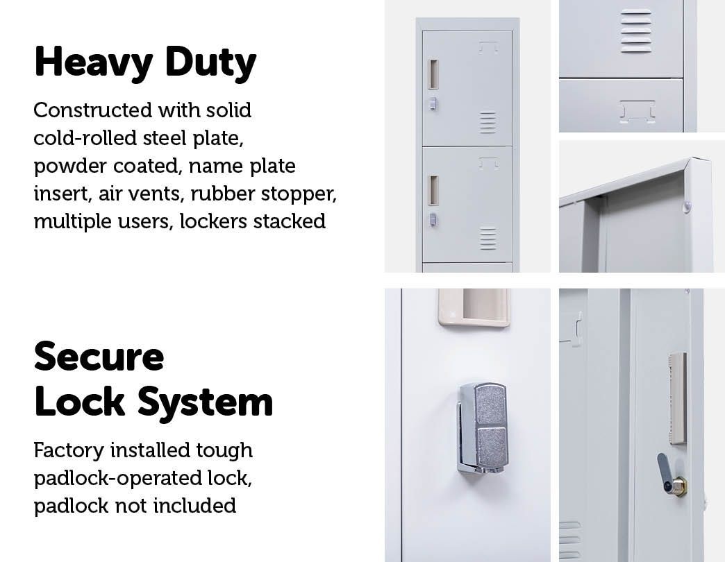 4-Door Storage Locker in grey with padlock-operated locks, showcasing four compartments and built-in air vents.