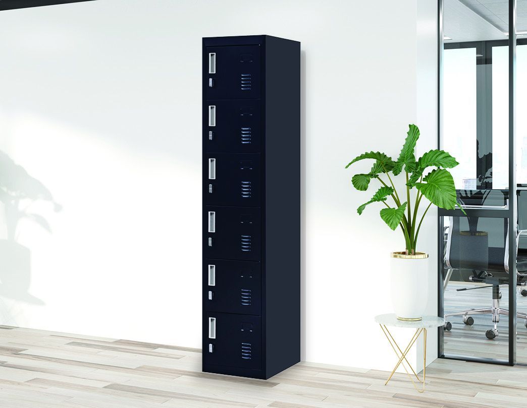 Padlock-operated 6-Door Locker in black steel, featuring six individual lockers with ventilation and space for name tags.
