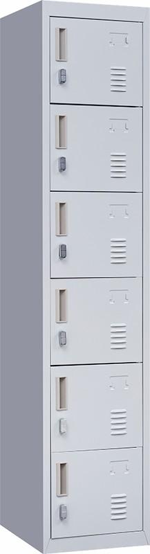 Padlock-operated 6-Door Locker in grey, featuring six secure compartments with ventilation and spaces for name tags.