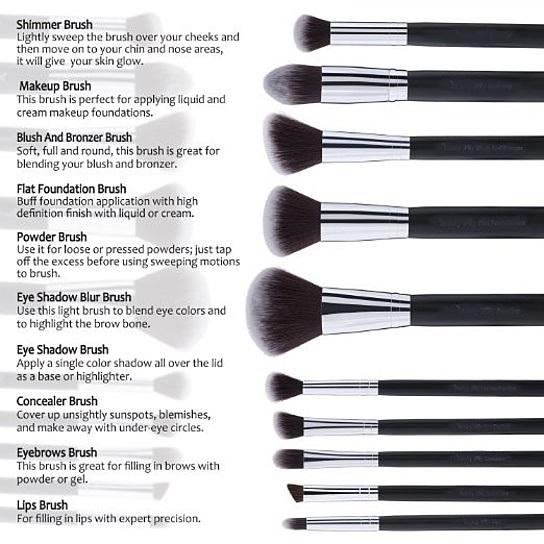 Pagent Winner 10 Pc Make Up Brush Set featuring sustainable wooden handles and soft synthetic bristles, displayed in a stylish black pouch.