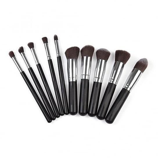 Pagent Winner 10 Pc Make Up Brush Set featuring sustainable wooden handles and soft synthetic bristles, displayed in a stylish black pouch.