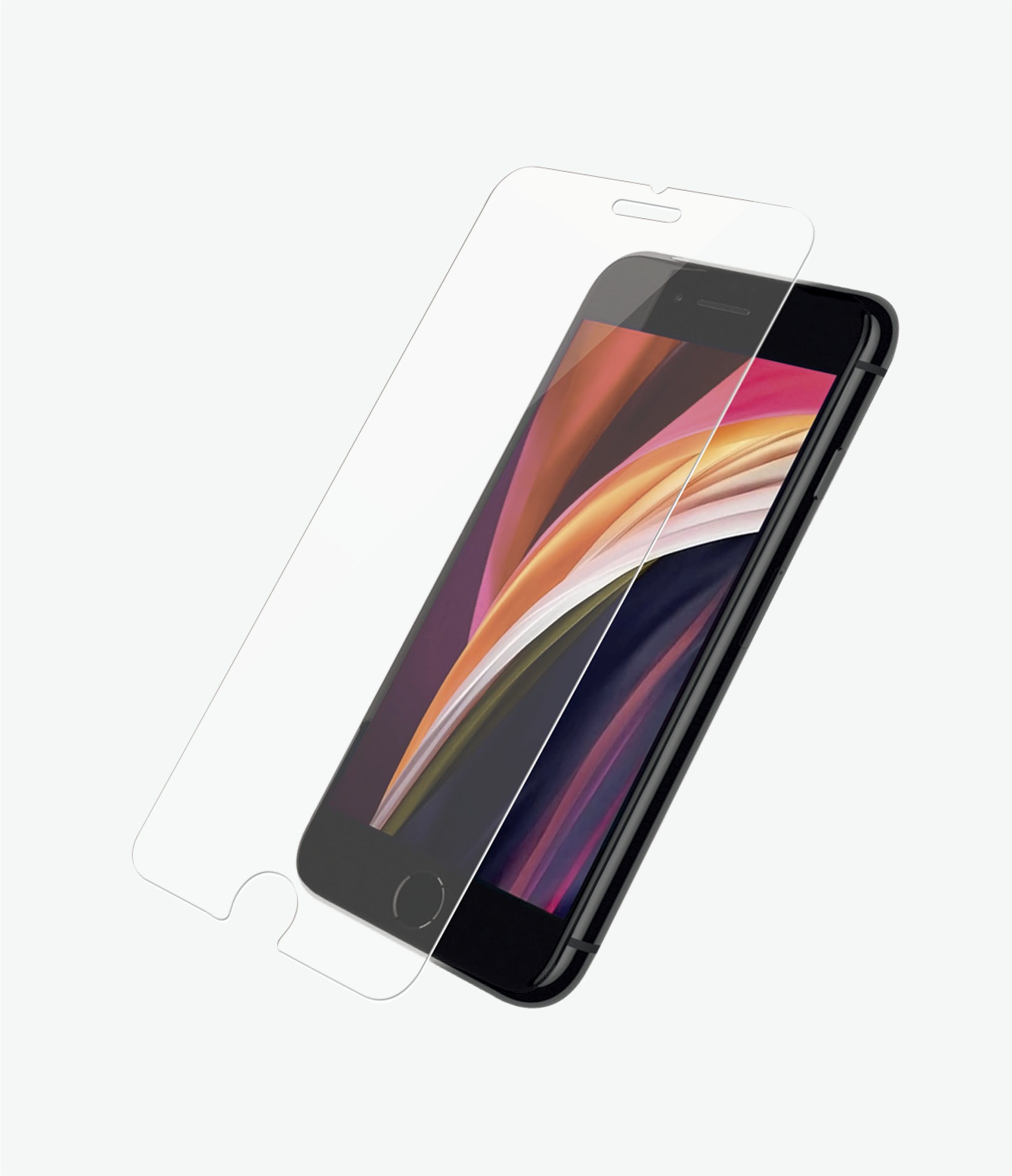 PANZER Glass Screen Protector for iPhone SE (2020) and iPhone 8, showcasing full frame coverage and rounded edges.