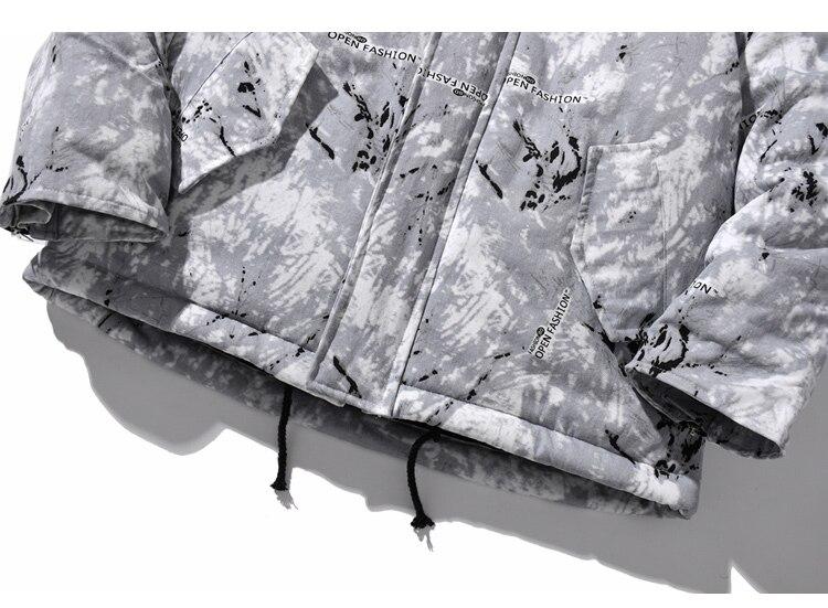 Men's parka jacket featuring a vibrant tie-dye print, hood, and zipper closure, perfect for winter fashion.