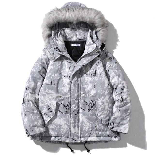 Men's parka jacket featuring a vibrant tie-dye print, hood, and zipper closure, perfect for winter fashion.