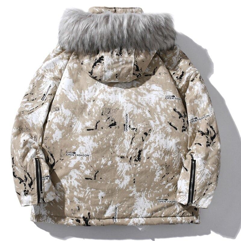 Men's parka jacket featuring a vibrant tie-dye print, hood, and zipper closure, perfect for winter fashion.