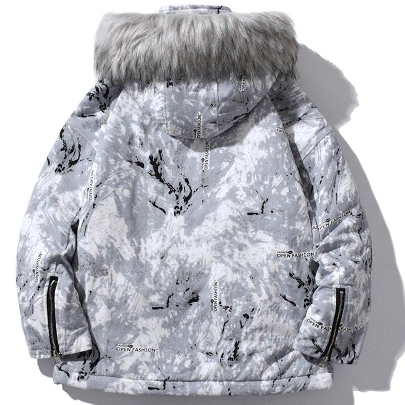 Men's parka jacket featuring a vibrant tie-dye print, hood, and zipper closure, perfect for winter fashion.