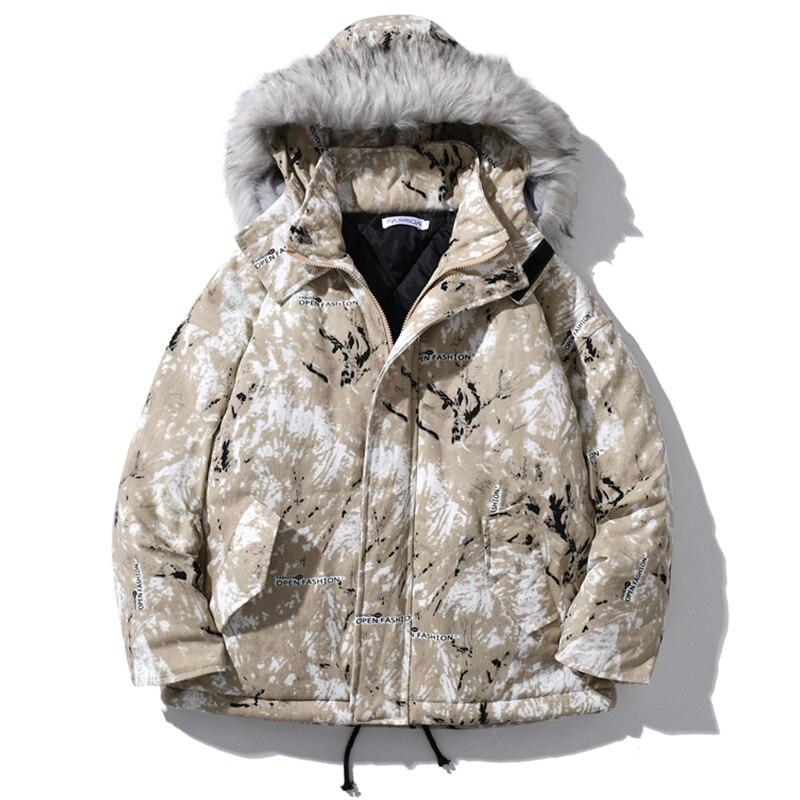 Men's parka jacket featuring a vibrant tie-dye print, hood, and zipper closure, perfect for winter fashion.