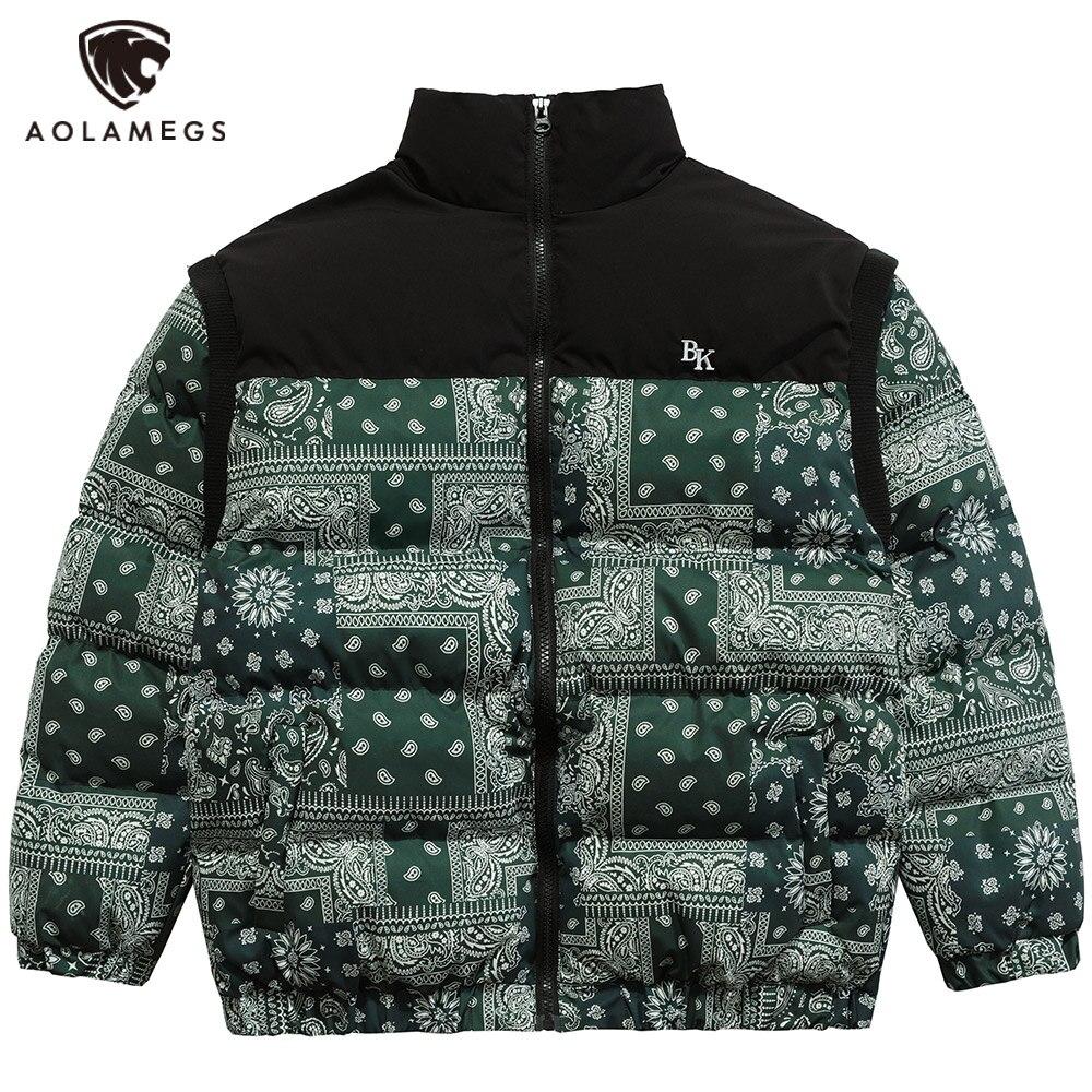 Men's Parka Winter Jacket featuring furry letter patchwork and paisley print, designed for hip hop style with detachable sleeves.