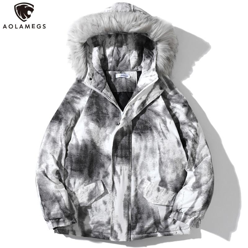 Men's winter parka jacket featuring a distressed tie dye design, hooded collar, and padded cotton filling for warmth.