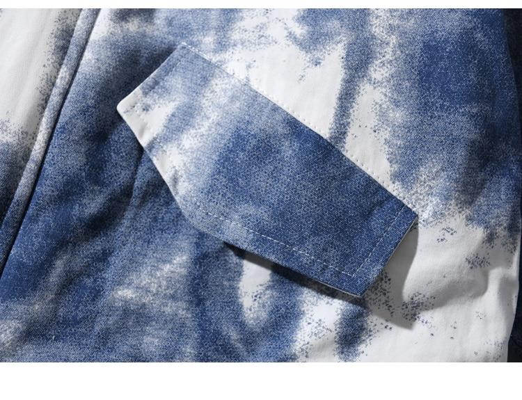 Men's winter parka jacket featuring a distressed tie dye design, hooded collar, and padded cotton filling for warmth.