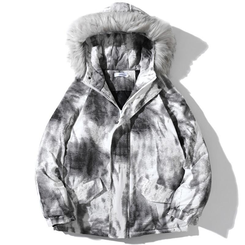 Men's winter parka jacket featuring a distressed tie dye design, hooded collar, and padded cotton filling for warmth.