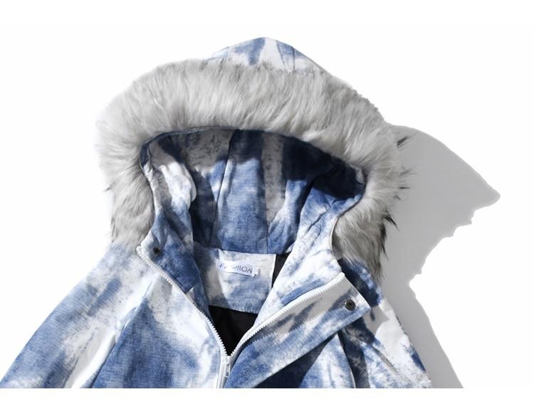 Men's winter parka jacket featuring a distressed tie dye design, hooded collar, and padded cotton filling for warmth.