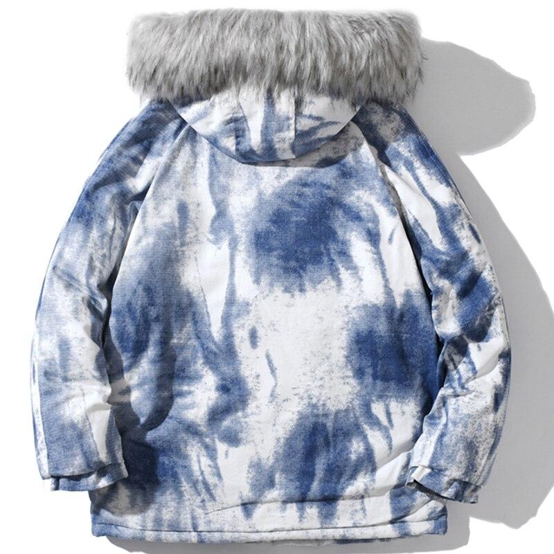 Men's winter parka jacket featuring a distressed tie dye design, hooded collar, and padded cotton filling for warmth.