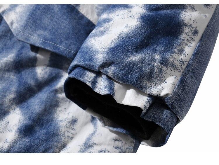 Men's winter parka jacket featuring a distressed tie dye design, hooded collar, and padded cotton filling for warmth.