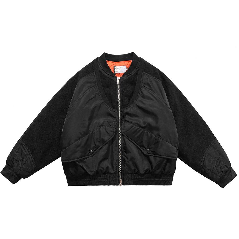 Men's patchwork color winter jacket with button pockets and zipper closure, showcasing a stylish bomber design.