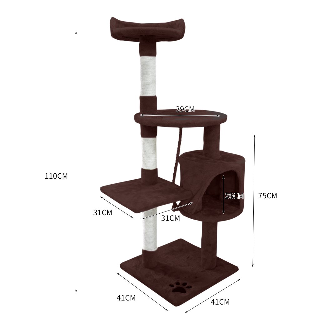 PaWz 1.1M Cat Scratching Post Tree with plush upholstery and sisal-wrapped poles, designed for climbing and scratching.