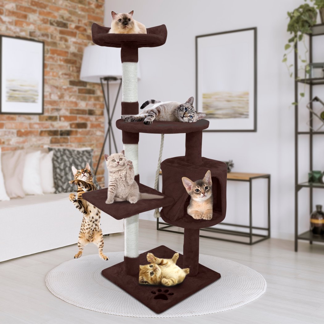 PaWz 1.1M Cat Scratching Post Tree with plush upholstery and sisal-wrapped poles, designed for climbing and scratching.