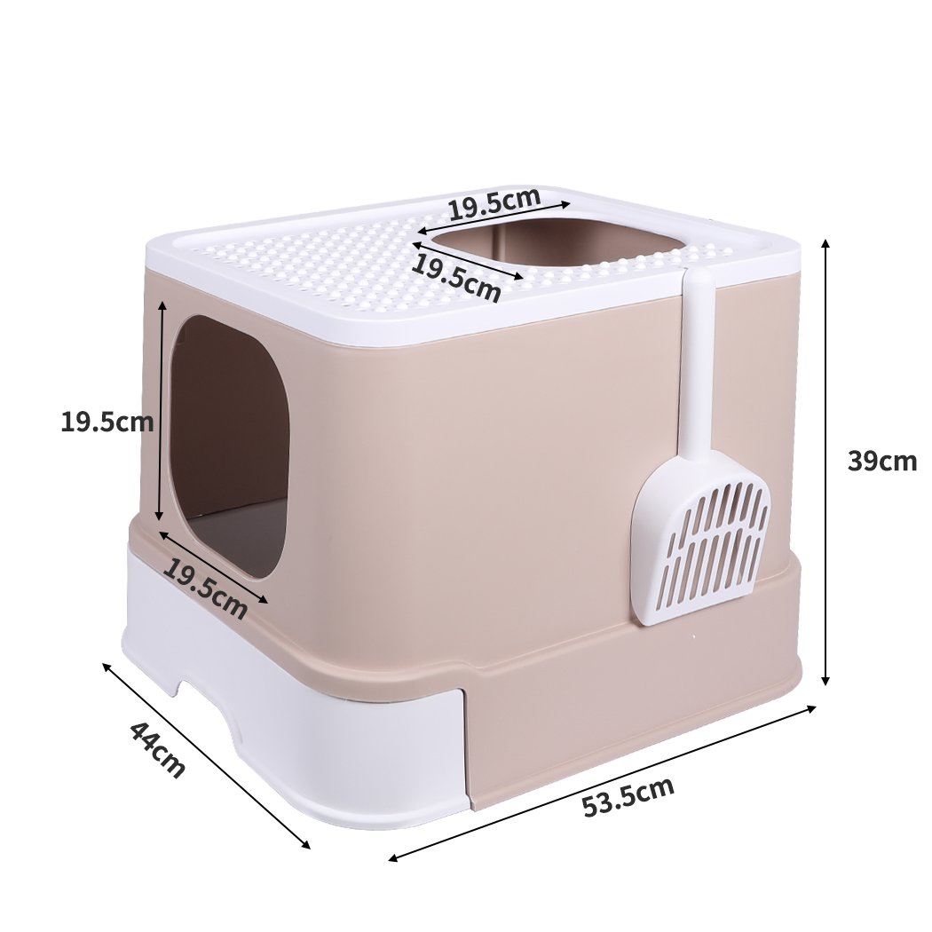 PaWz Cat Litter Box in coffee color, fully enclosed design with double doors and removable drawer for easy cleaning.