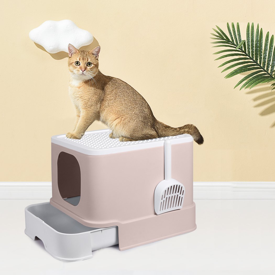 PaWz Cat Litter Box in coffee color, fully enclosed design with double doors and removable drawer for easy cleaning.