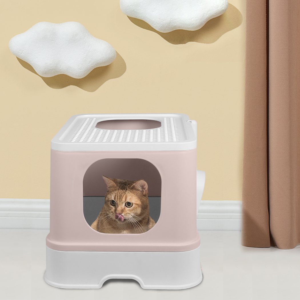 PaWz Cat Litter Box in coffee color, fully enclosed design with double doors and removable drawer for easy cleaning.