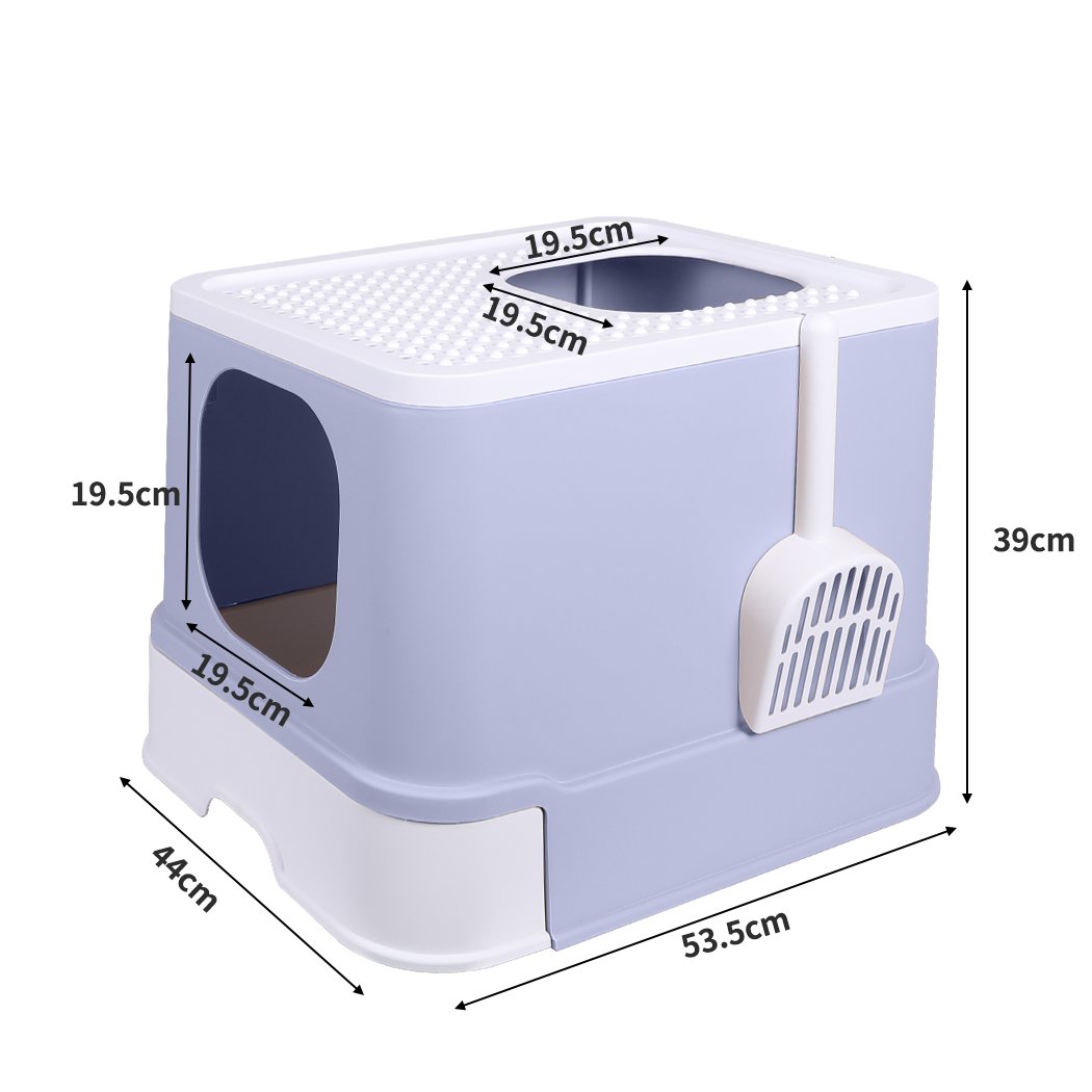 PaWz Cat Litter Box in purple color with double-door design and removable drawer for easy cleaning.