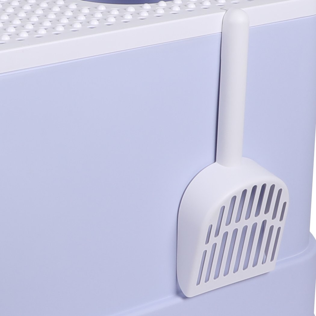 PaWz Cat Litter Box in purple color with double-door design and removable drawer for easy cleaning.