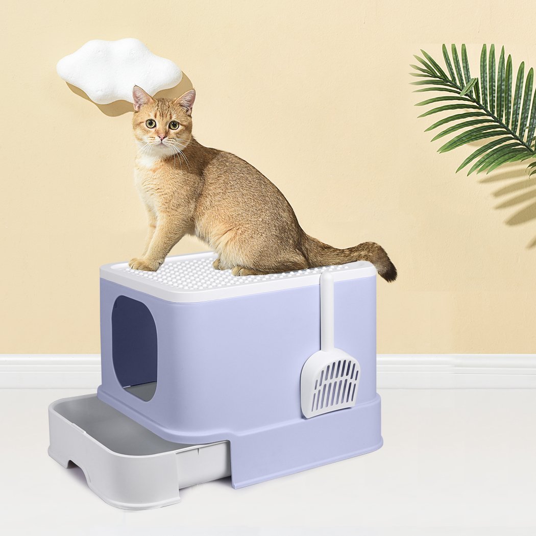 PaWz Cat Litter Box in purple color with double-door design and removable drawer for easy cleaning.