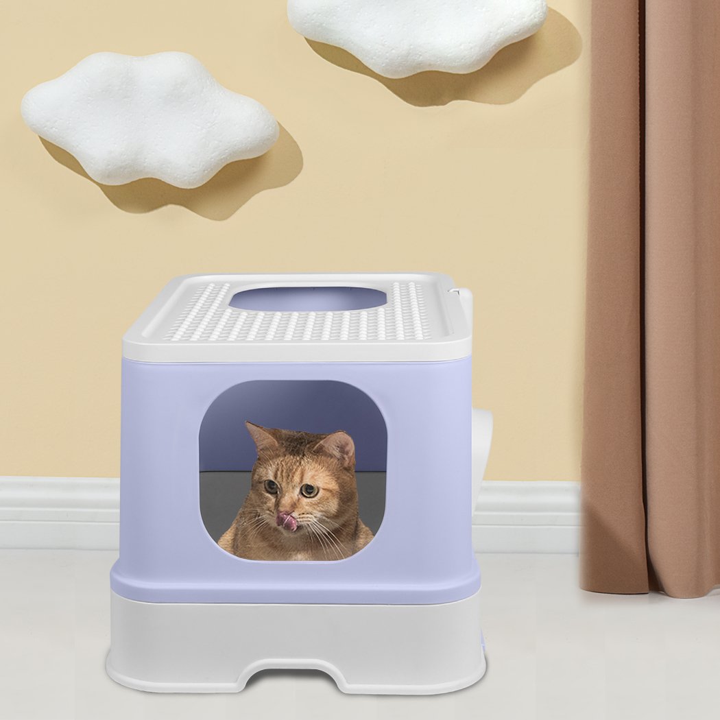 PaWz Cat Litter Box in purple color with double-door design and removable drawer for easy cleaning.