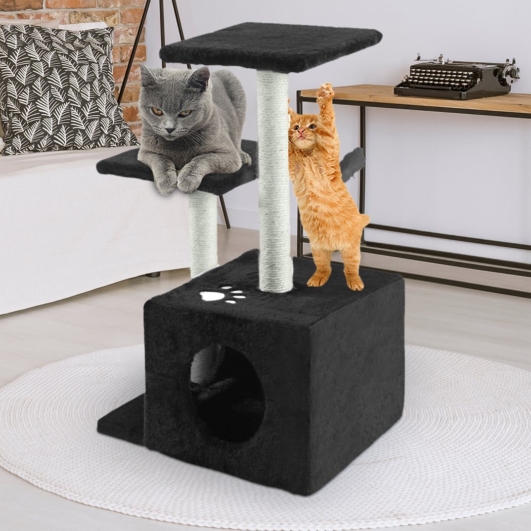 PaWz Cat Scratching Post Tree featuring plush and sisal materials, designed for indoor use, suitable for all cat sizes.