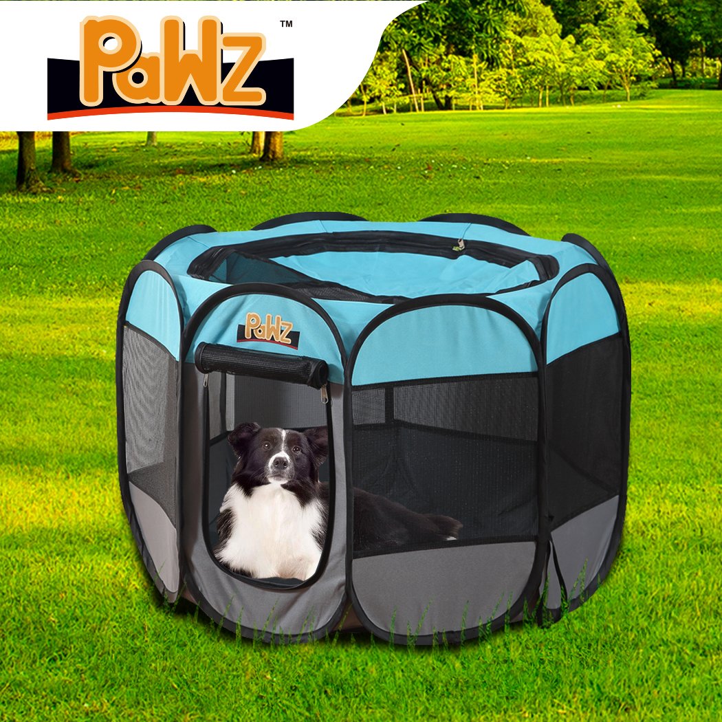 PaWz Dog Playpen in navy color, showcasing its foldable design and spacious 8-panel structure, perfect for pets.