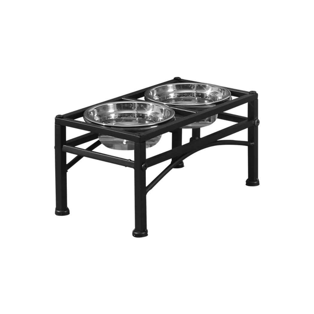 PaWz Dual Elevated Raised Pet Dog Feeder Bowl with stainless steel bowls on a black iron base, stylish and functional design for dogs.