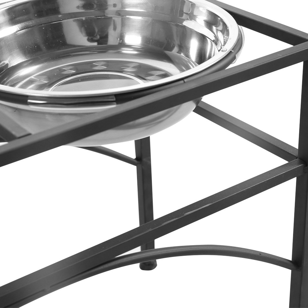 PaWz Dual Elevated Raised Pet Dog Feeder Bowl with stainless steel bowls on a black iron base, stylish and functional design for dogs.