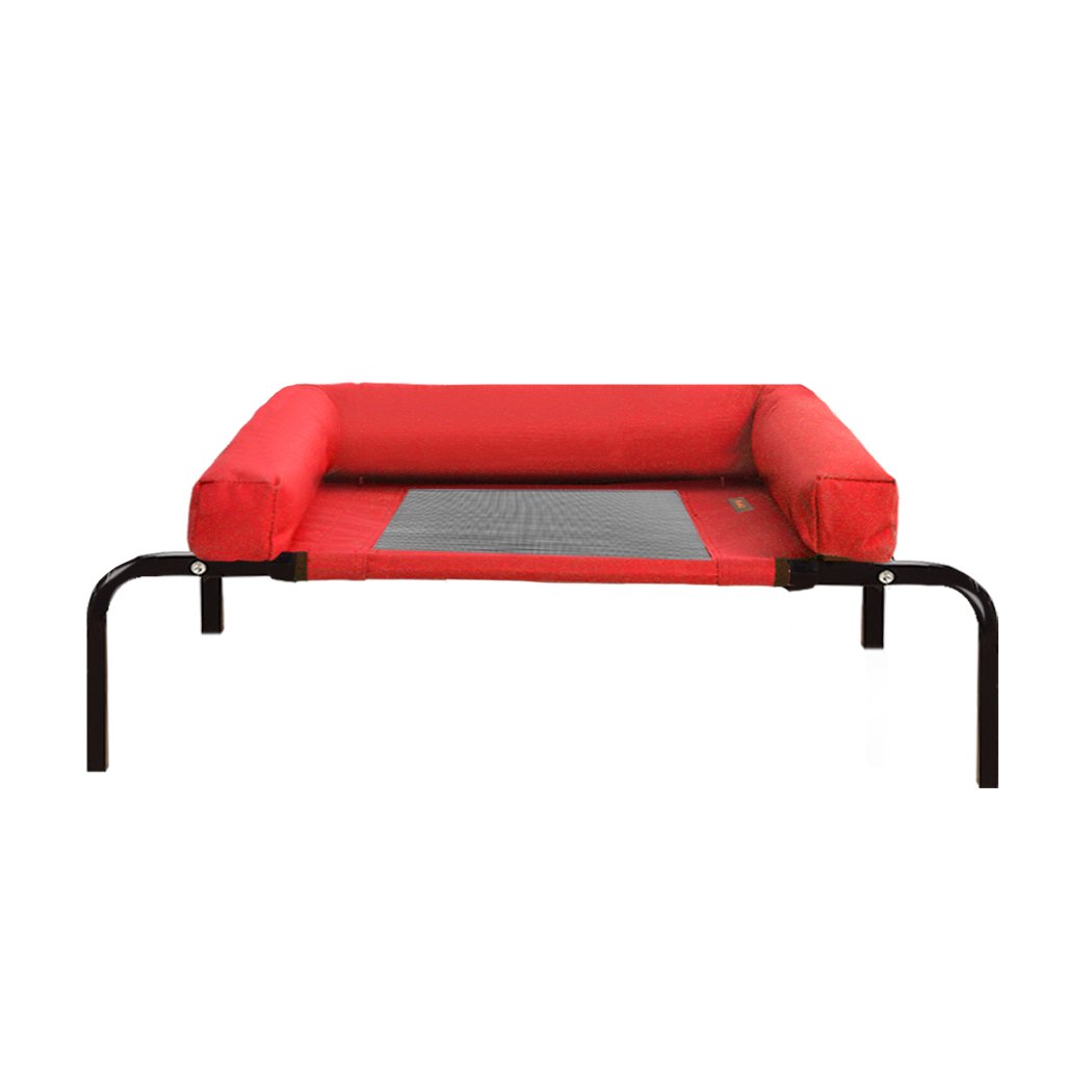 PaWz Pet Bed featuring a heavy-duty steel frame and weatherproof red cover, designed for comfort and safety for dogs and puppies.